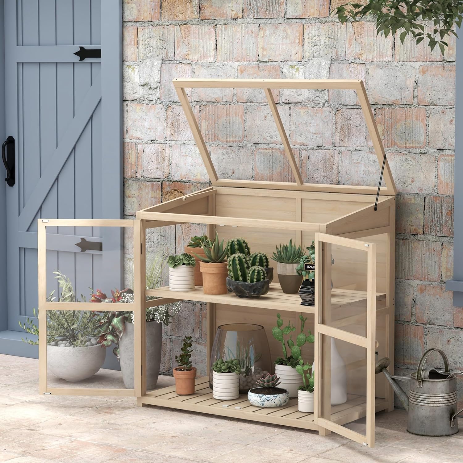 Outsunny Frühbeet aus Holz Gewächshaus 2-Stufiges Hochbeet mit Dachfenster, Doppeltür, Winddichtes Treibhaus, für Balkon, Garten, Natur, 103 x 61 x 103 cm