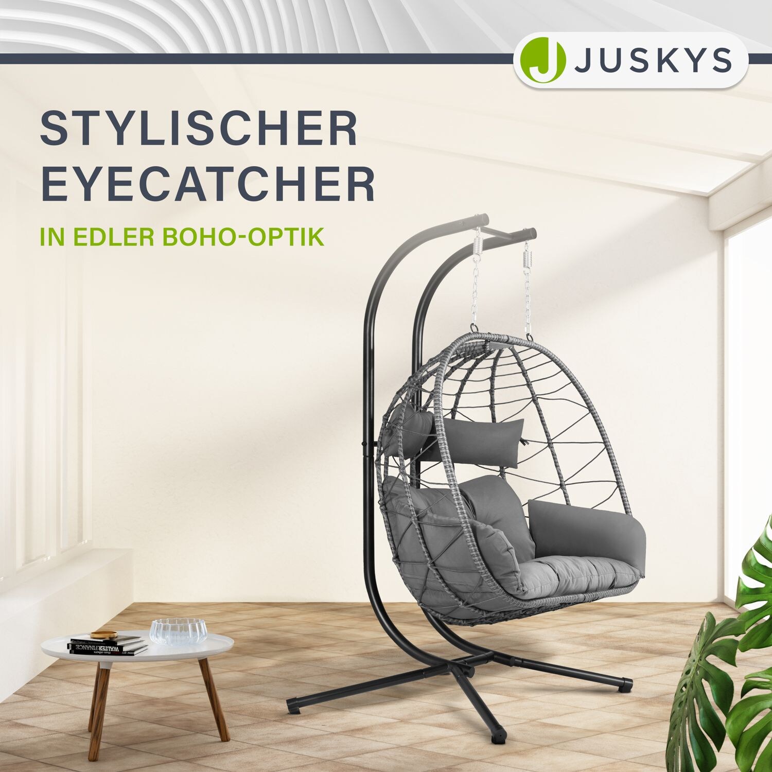Juskys Doppelhängesessel Aria - Polyrattan Hängesessel mit Gestell & Kissen - 2 Personen - Grau