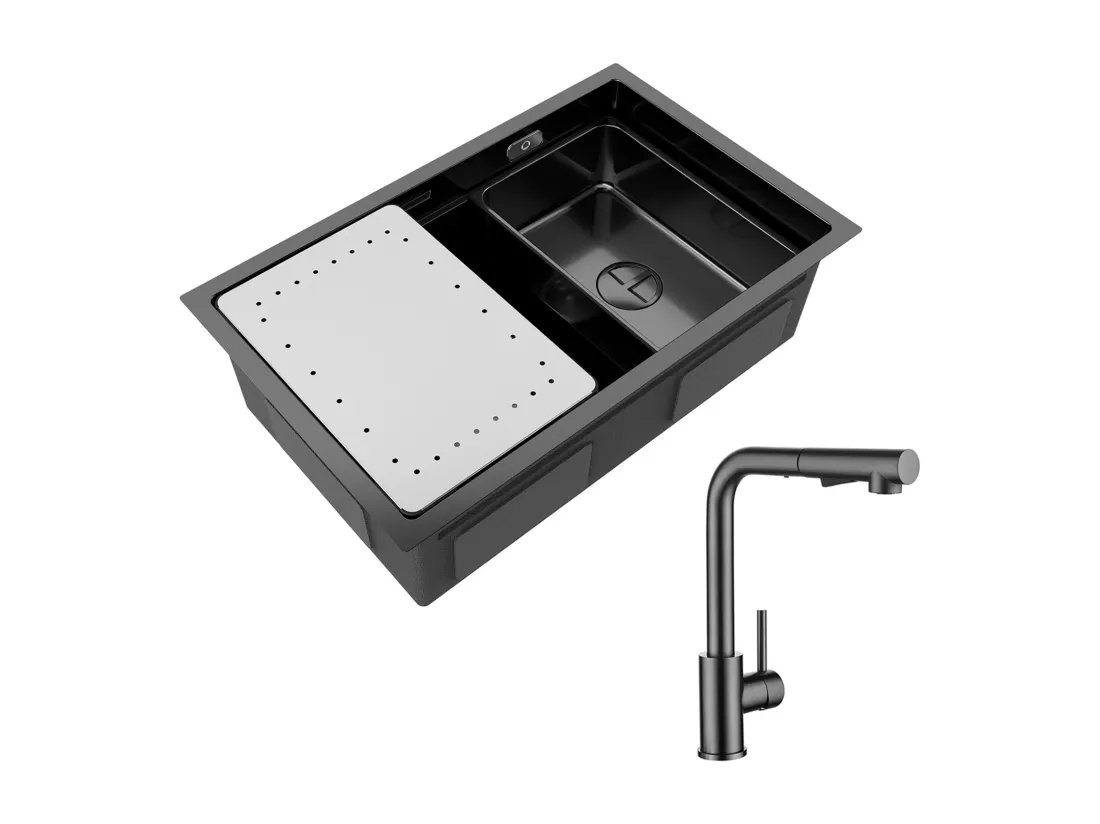 Évier Cuisine 1 Bac 70×44×21CM Évier Inox Noir avec Egouttoir et Vasque + Mitigeur Cuisine Avec Douchette Extractible