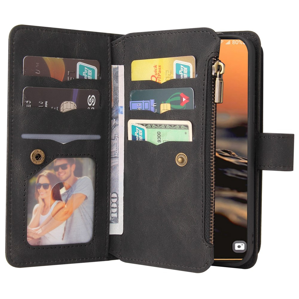 Samsung Galaxy S23 Ultra 5G Leder Wallet Etui Tasche mit 15 Kartenfächern   Münzfach - Schwarz