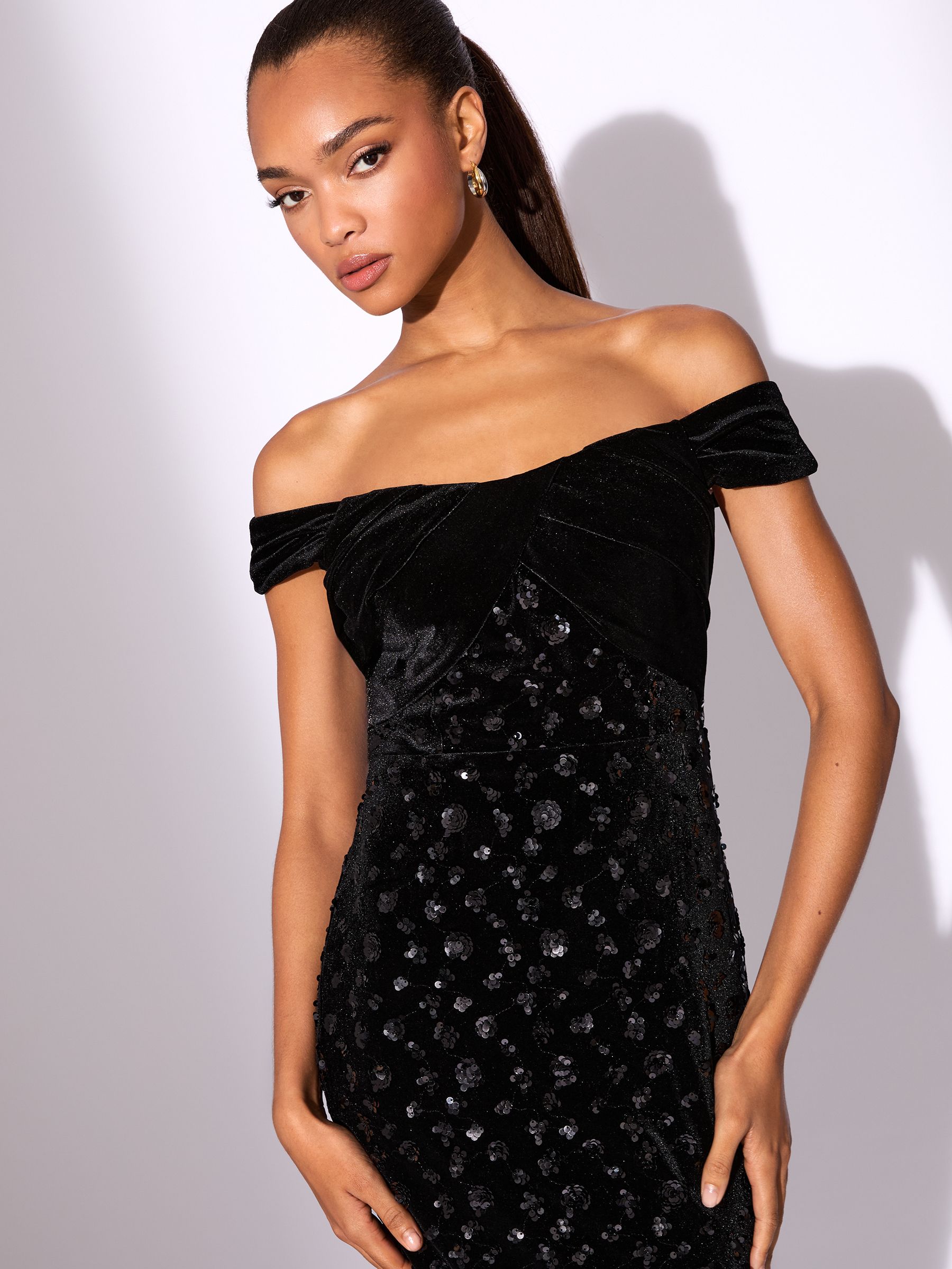 Lipsy Velvet Sequin Mix Bardot Bodycon Midi Dress