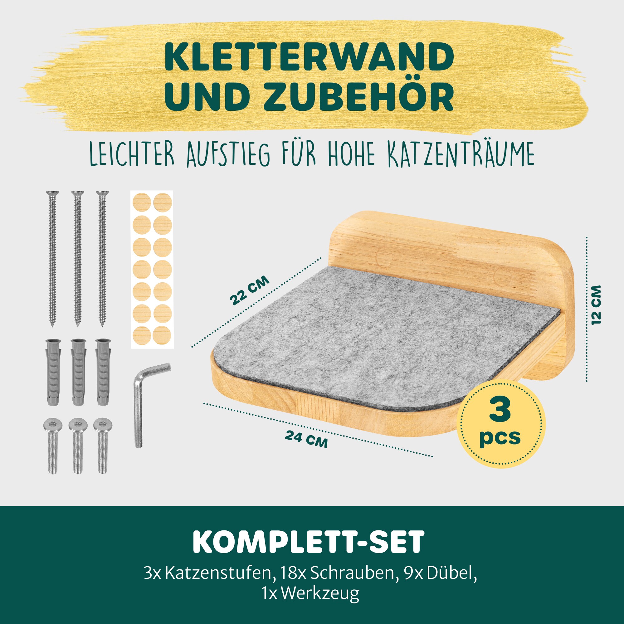 HAPPYPET Katzentreppen 3er-Set für Wandmontage - Nachhaltiges Hartholz, Designer Kletterwand Katzen, Katzentreppe mit Filzbezug, Katzenleiter, Katzenwand zum Klettern, Catwalk | Natur3x Stufen L
