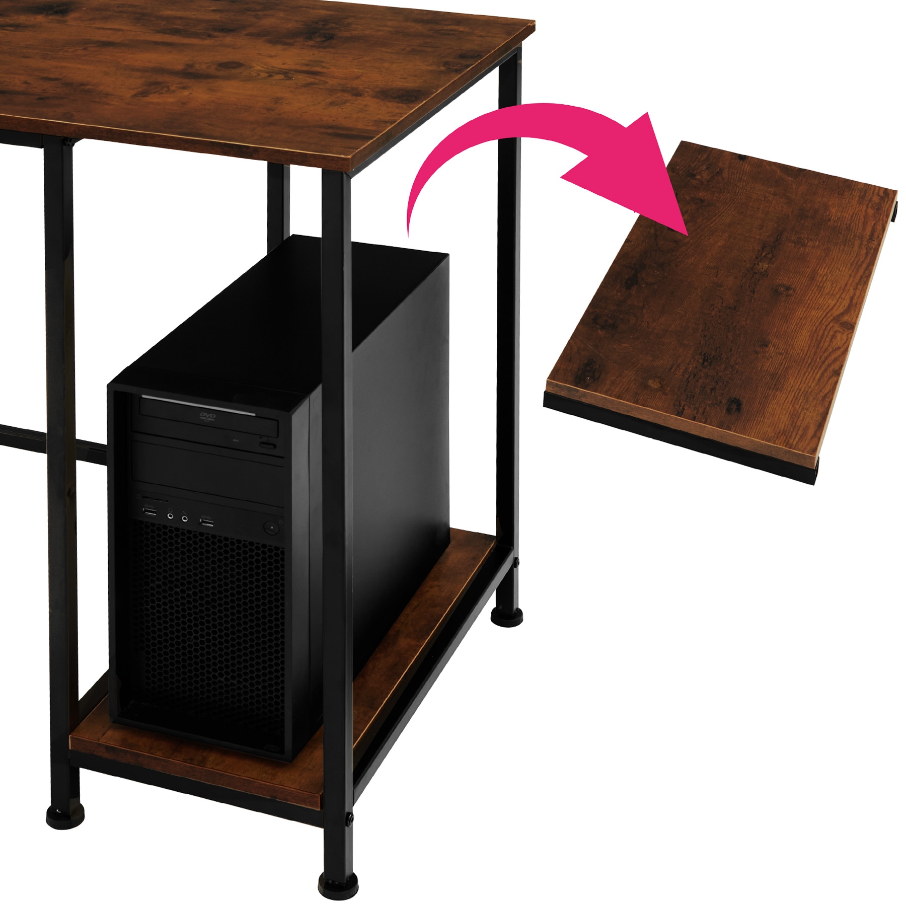 tectake® Schreibtisch, Industrial Style, Seitenregal mit 2 Ablagefächern, 138 x 138 x 75,5 cm