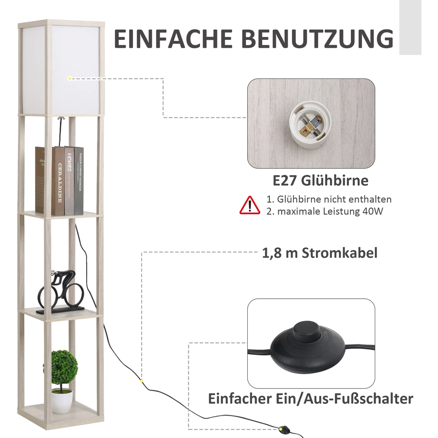 HOMCOM Stehleuchte mit Regalböden Eicheweiß