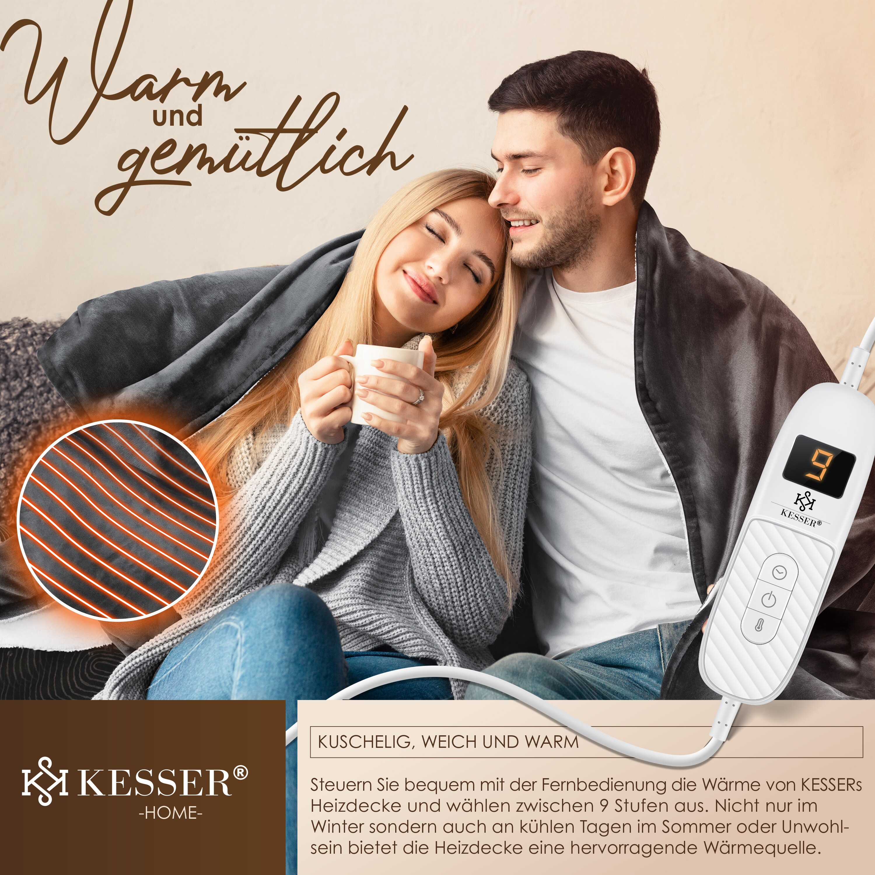 KESSER® Heizdecke mit Abschaltautomatik Doppelseitig Elektrische Wärmedecke | Kuscheldecke Bett, Sofa | 9 Temperaturstufen | waschbar bis 40°C | mit Timer Digitalanzeige