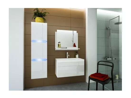 Meuble sous vasque suspendu collection RAVEN, coloris blanc mat et blanc brillant, idéal pour une salle de bain design