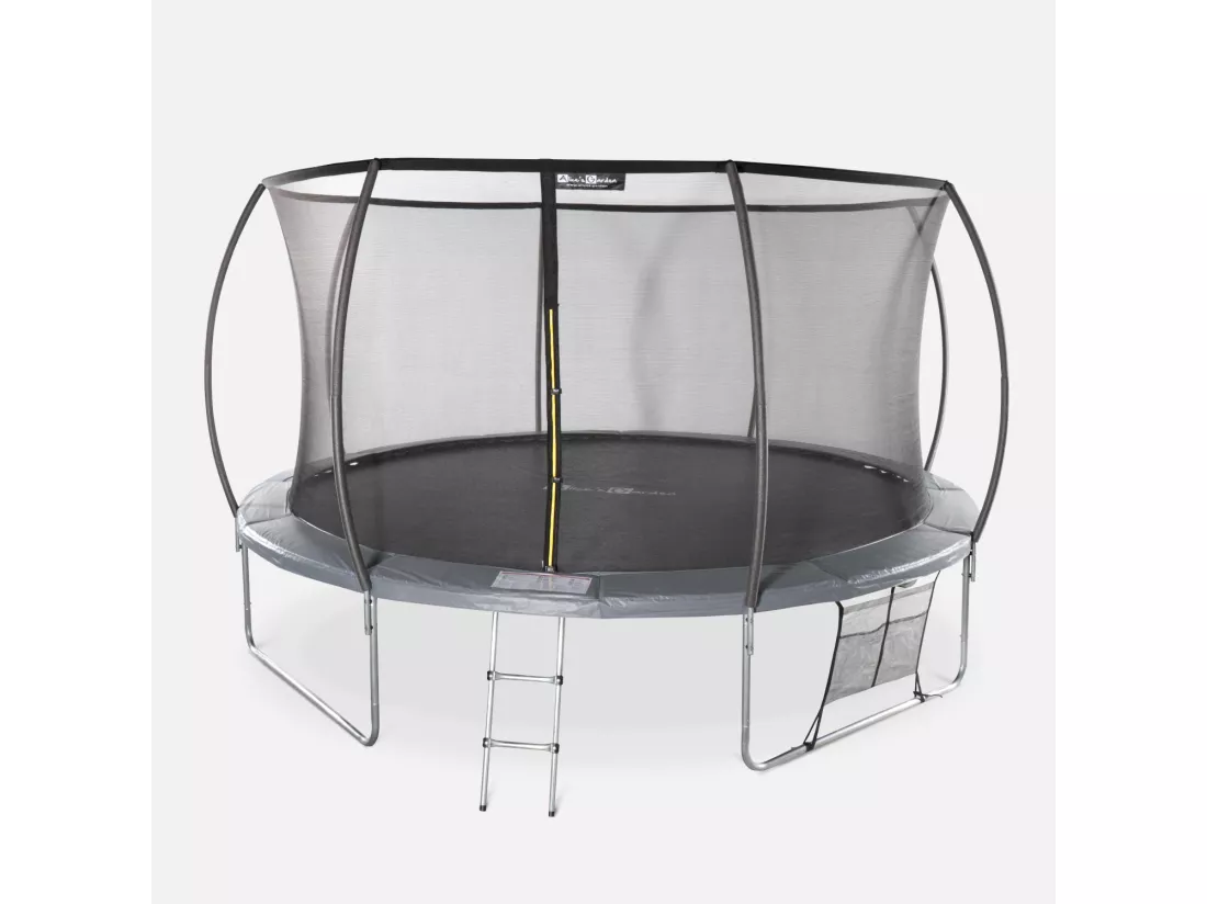 Trampoline rond Ø 430cm gris avec filet de protection intérieur - Venus Inner XXL – échelle. bâche. filet pour chaussures et kit d'ancrage 4.30m 430 cm