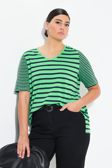 Shirt, Ringelmix, A-Linie, V-Ausschnitt, Halbarm