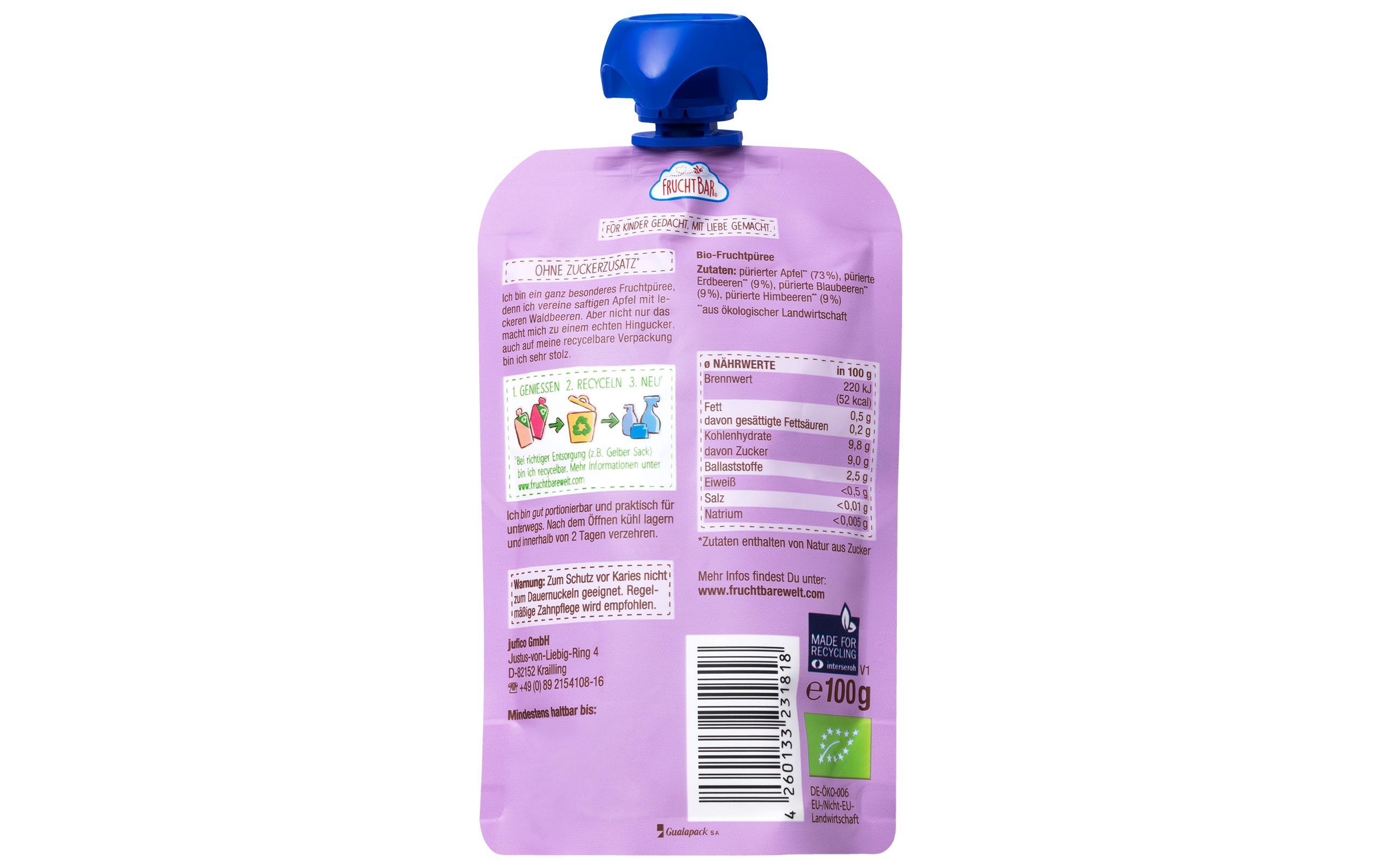 Quetschbeutel Apfel, Waldfrucht 8 x 100gBio-Fruchtpüree mit Obst