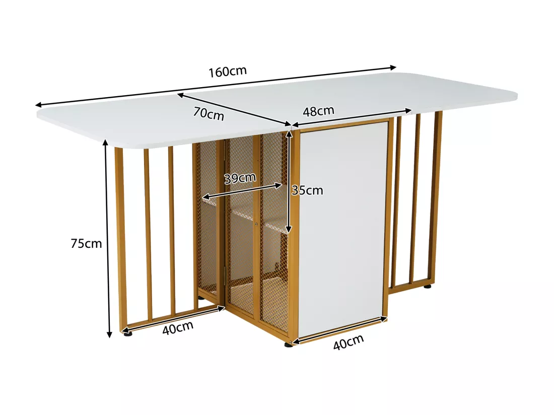 Table à Manger Rectangulaire 4 à 6 Couverts avec 2 Etagères - Panneaux de Particules - Pièds en Métal Doré - Blanc