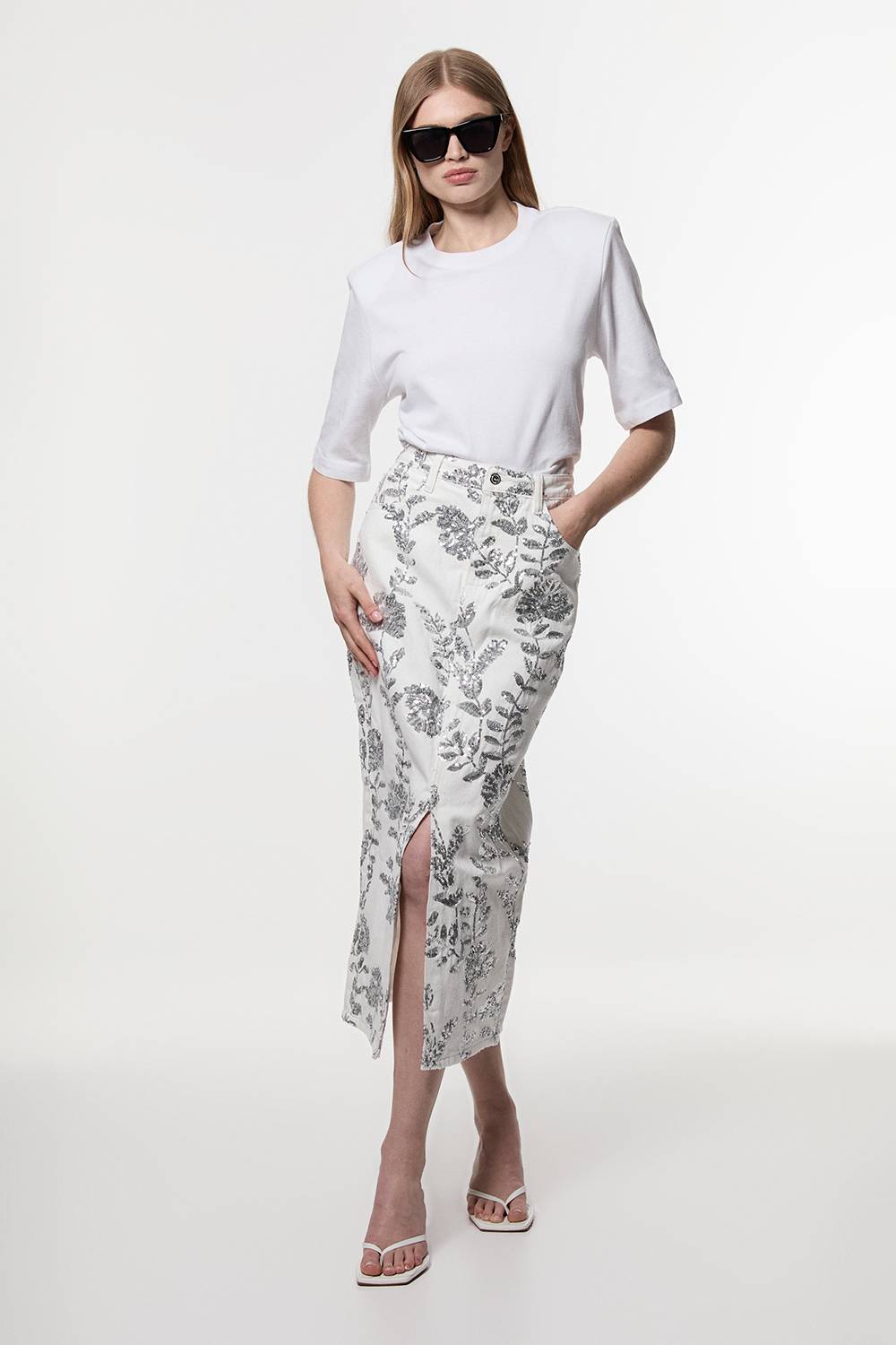 KarenMillen Jupe en denim à sequins floraux