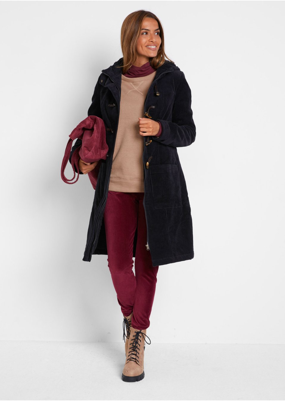 Duffle-coat en velours côtelé doublé, mi-long