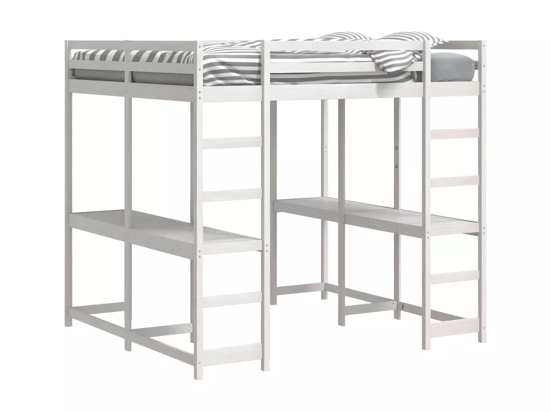 Lit superposé et bureau et échelle 140x200cm bois de pin massif