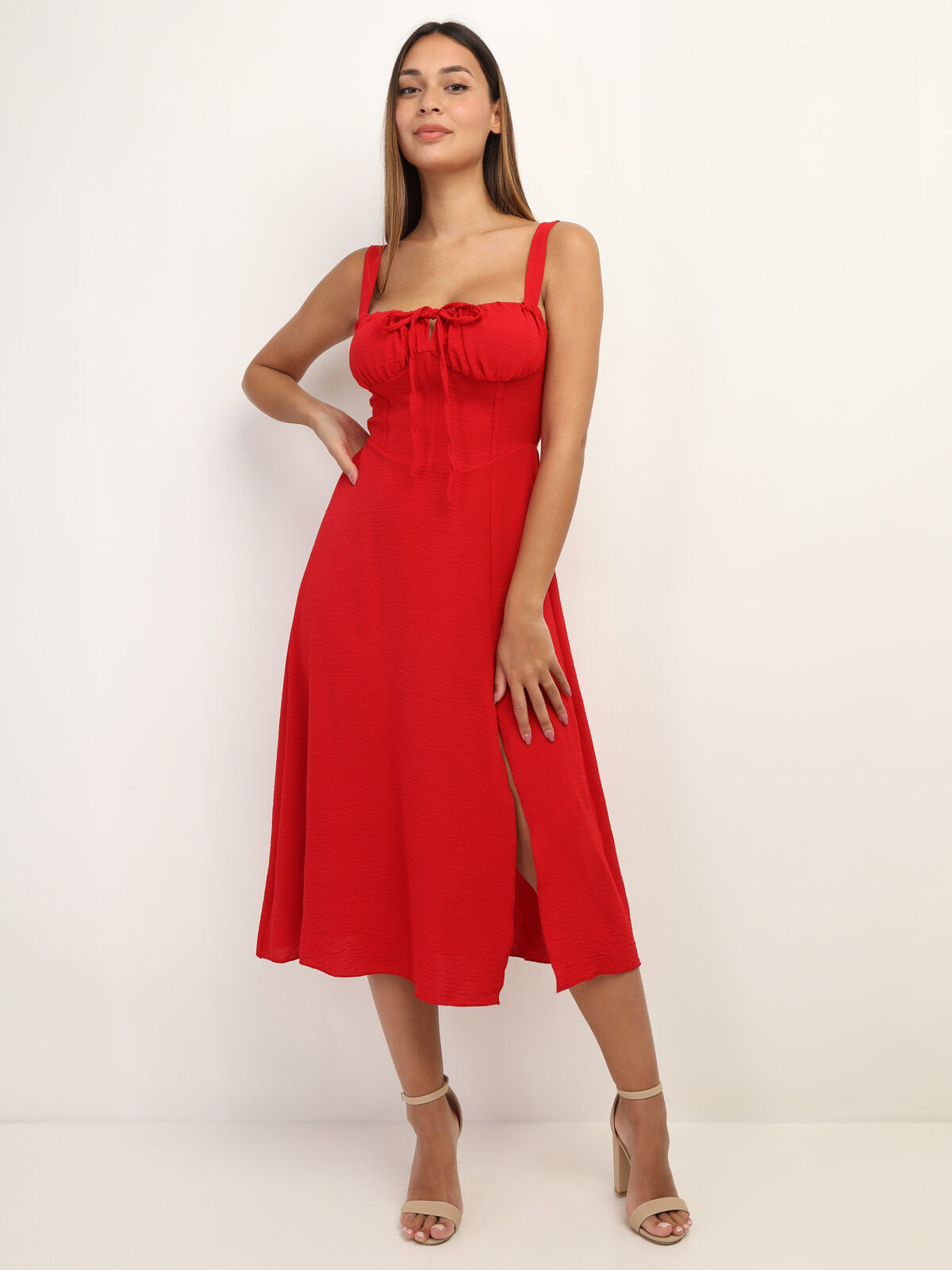 Robe corset mi-longue à fente- Rouge