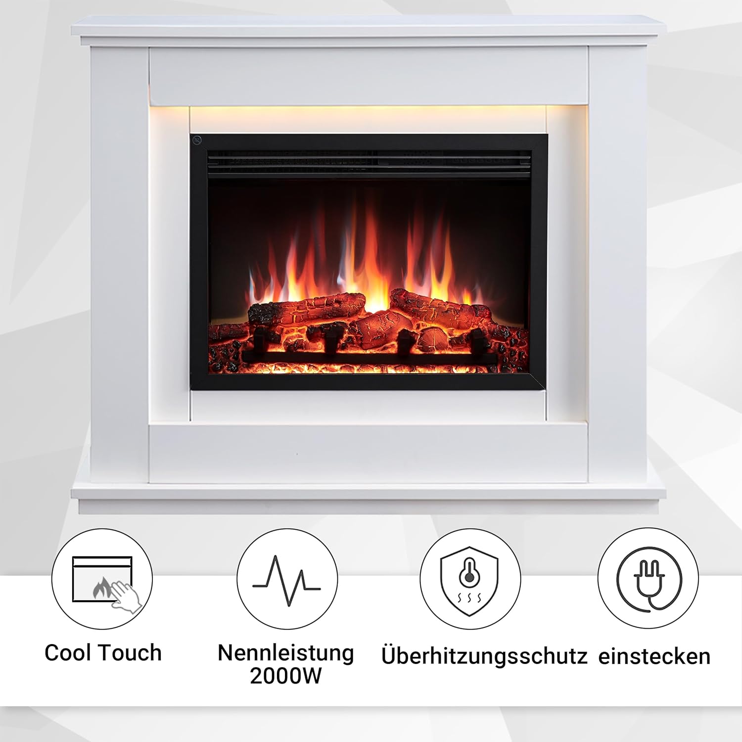 BALDERIA Baldur Elektrokamin - Standkamin mit Heizung bis 2000W, 3D-Flammeneffekt, LED-Beleuchtung, Knister-Sound, App-Steuerung, WiFi, Fernbedienung, Timer, Thermostat - Weiß