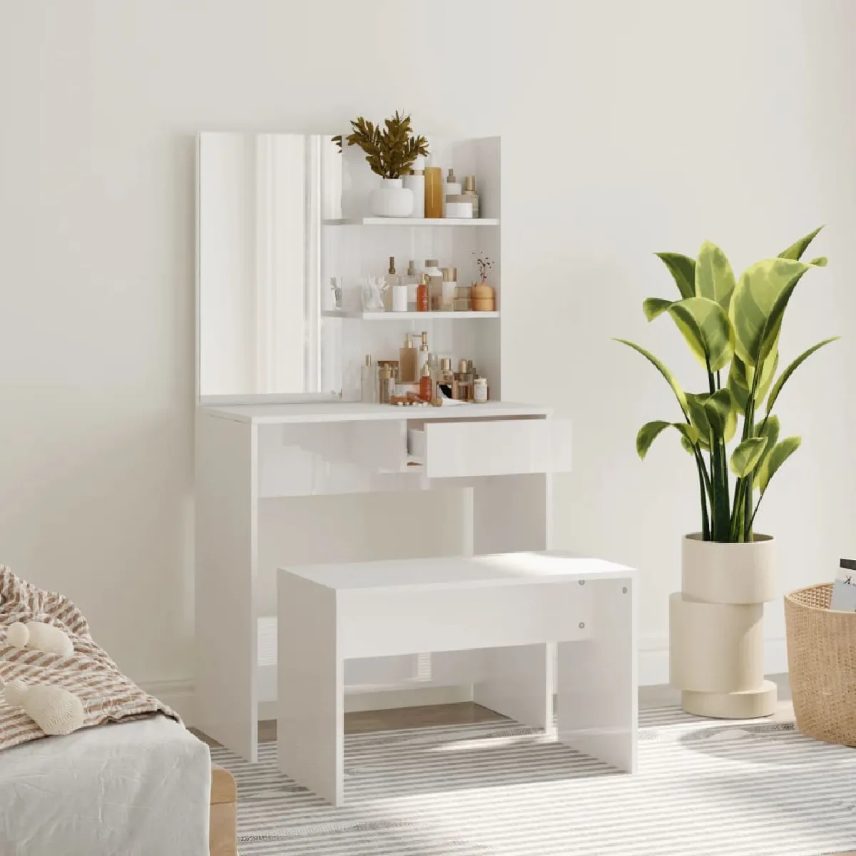 vidaXL Ensemble Coiffeuse - Blanc Brillant