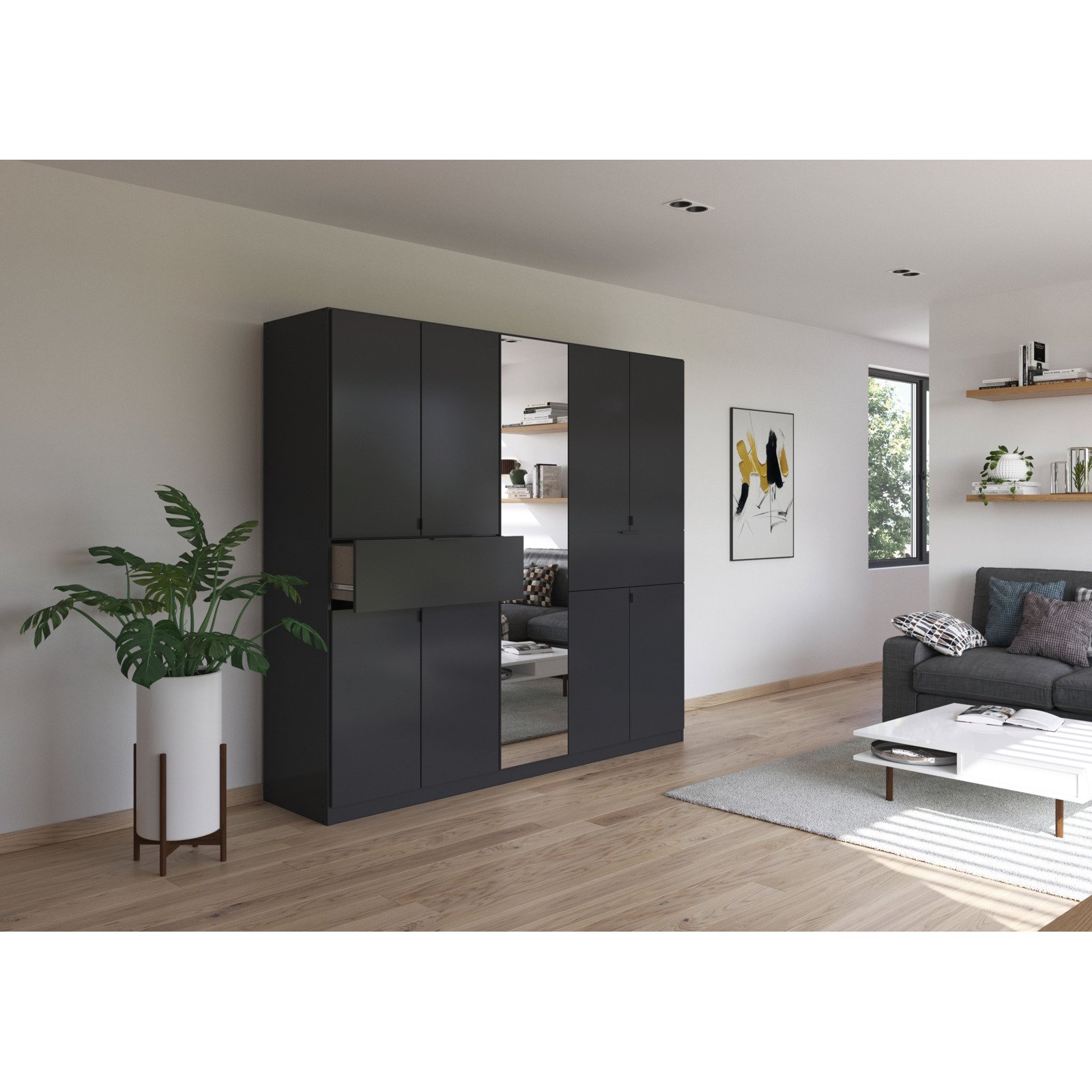 Drehtürenschrank Ticao, Dekor, 226 x 210 x 54 cm, mit Spiegel graphit