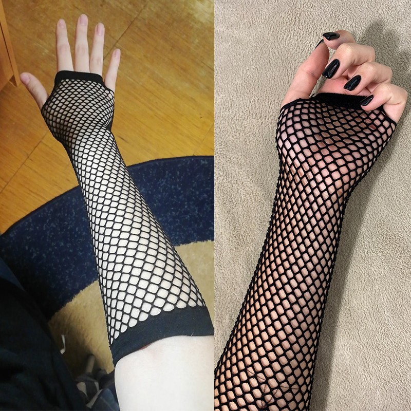 (1 Paar) Lange Netzhandschuhe Fingerlose Fashion Armstulpen (One Size) - Schwarz