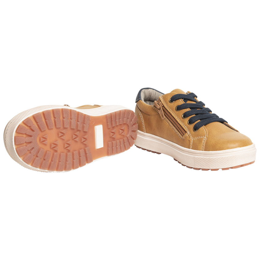 Baskets basses camel pour enfant garçon à lacets et zip