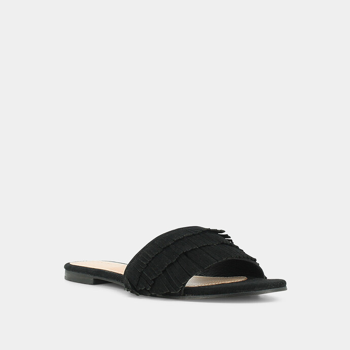 Mules en velours noir  à franges