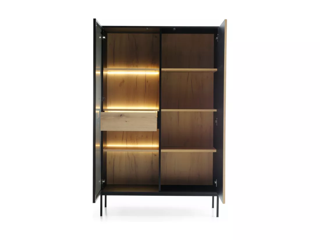 Vitrine haute - 2 portes avec tiroir et éclairage LED - Noir/Chêne Wotan - TOSENA