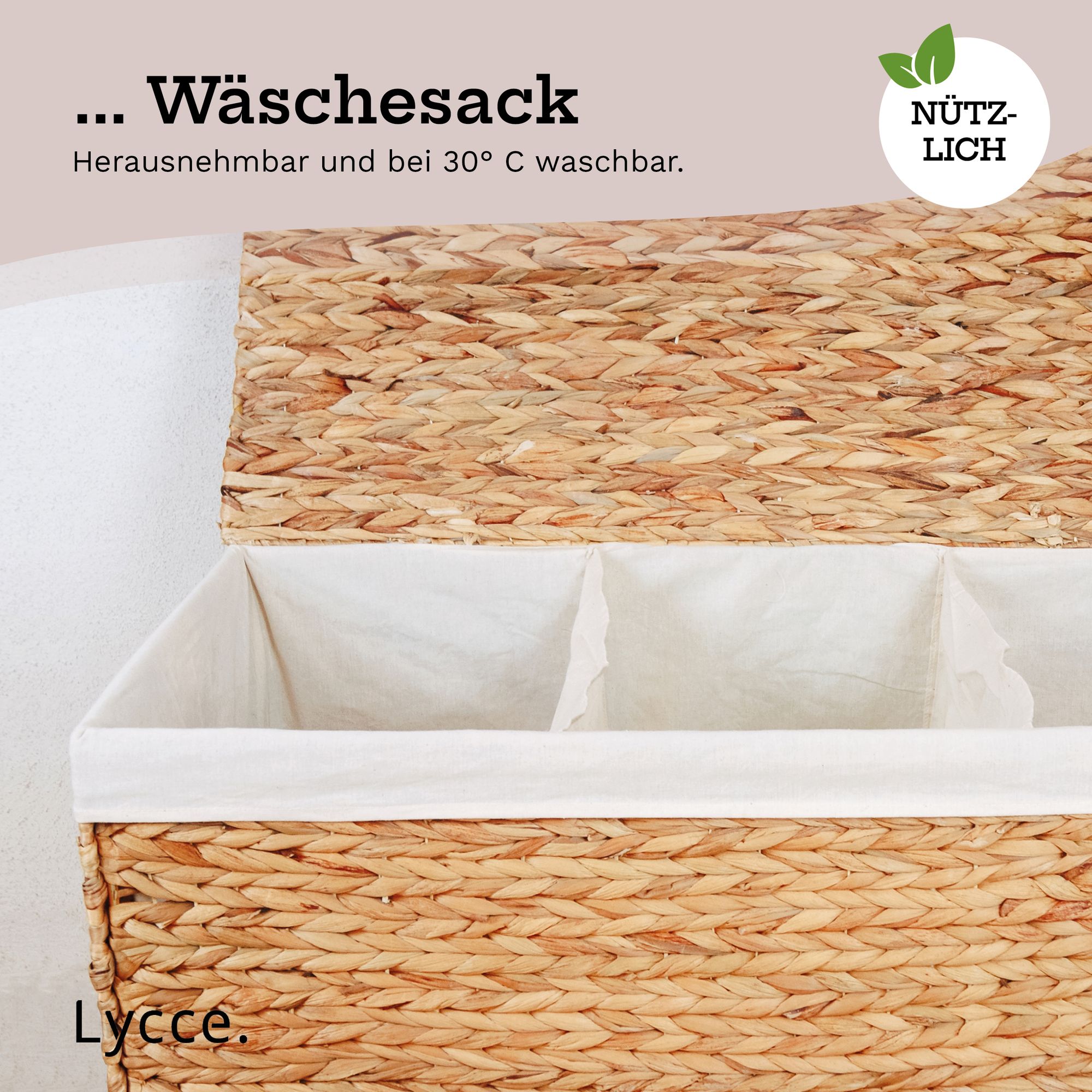 Lycce Wäschesortierer aus Wasserhyazinthe 150L, 3 Fächer, Stoffeinsatz