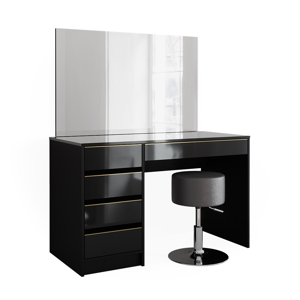 Vicco Schminktisch Sherry Schwarz Hochglanz Gold 120 x 75 cm 5 Schubladen Spiegel Hocker