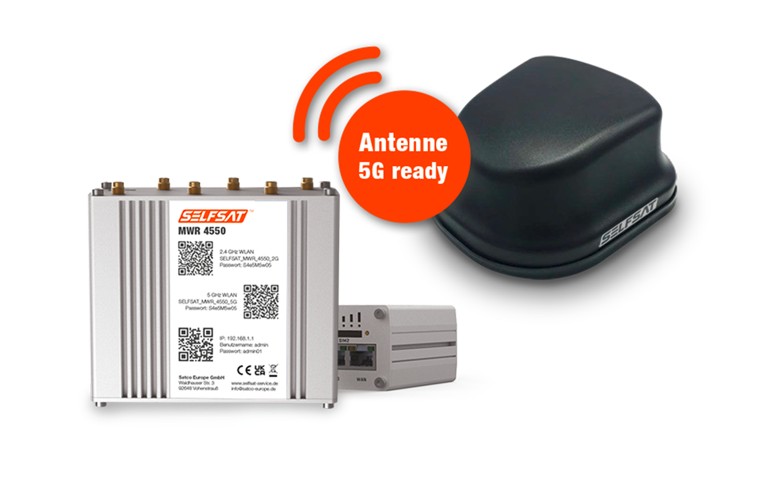 Selfsat 4G / LTE & WLAN Internet Router MWR 4550 Komplettset bis 300 Mbps inkl. 4G / 5G ready Dachantenne schwarz