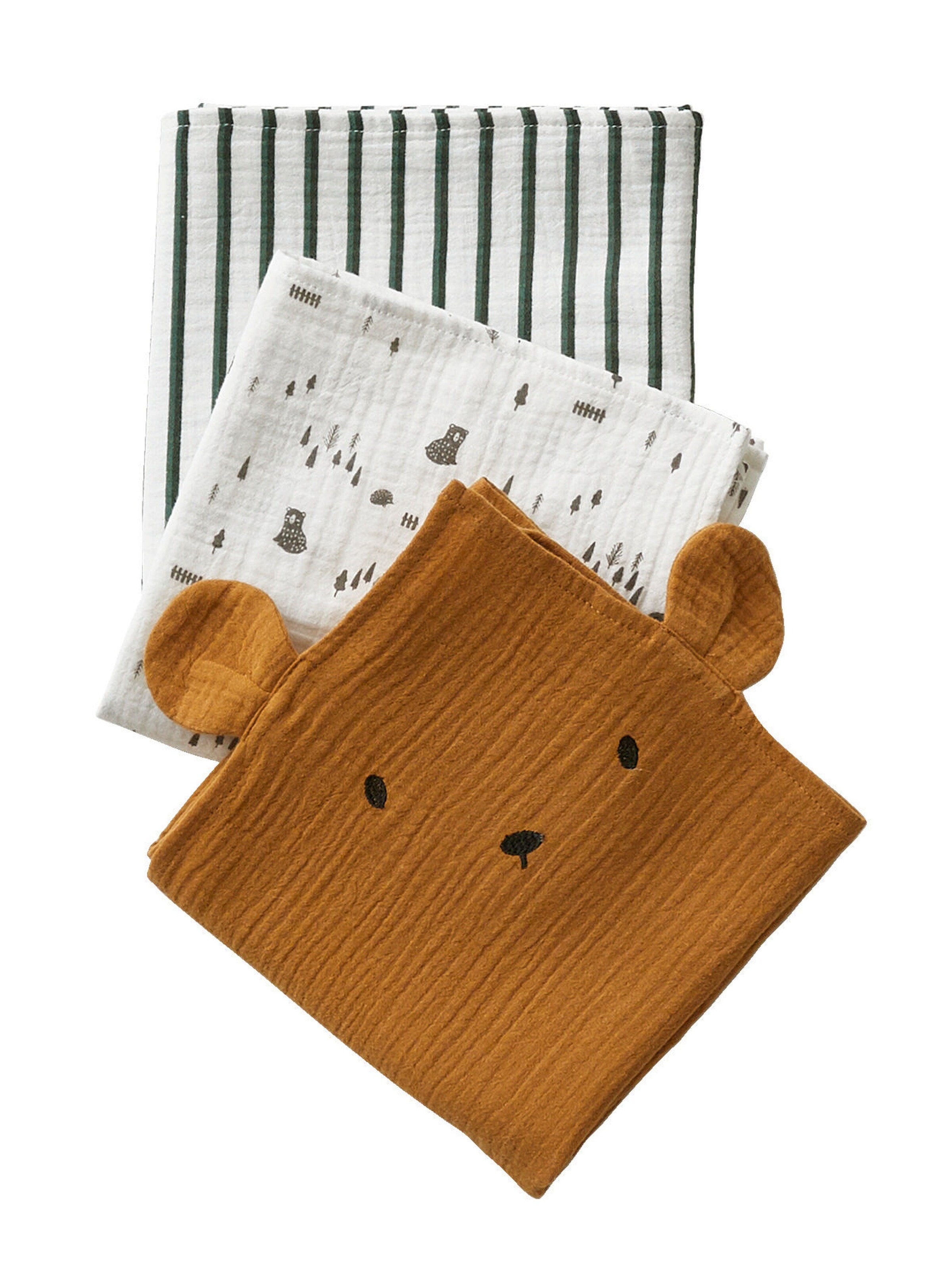 Vertbaudet 3er-Pack Baby Wickeltücher GRÜNER WALD, farblich sortiert/bär