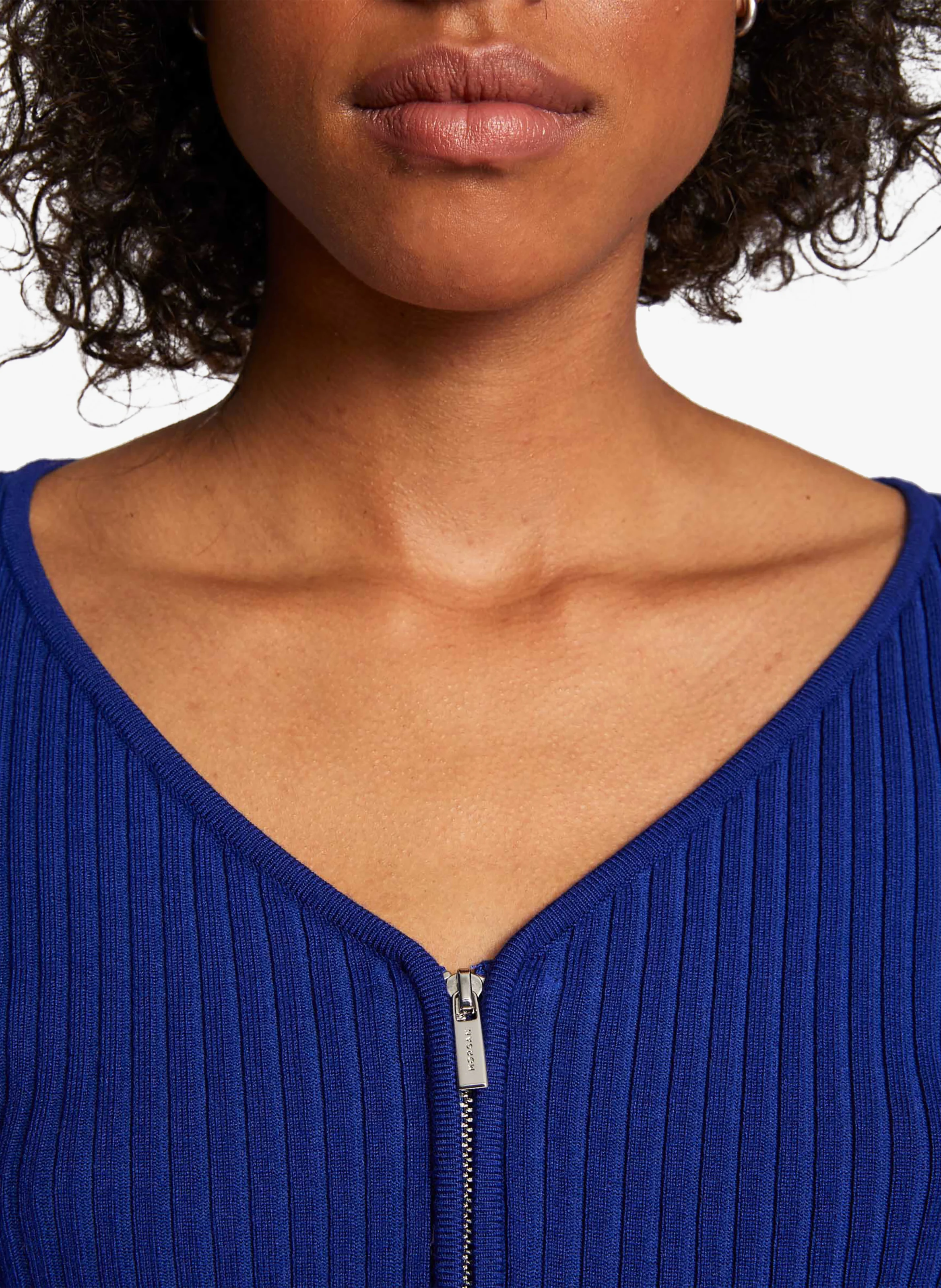 Pull col V zippé en maille côtelée | Bleu