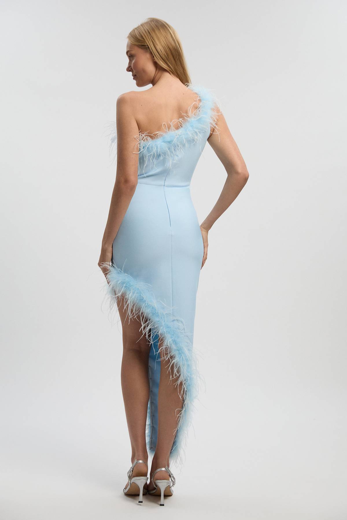 KarenMillen Robe Longue Moulante en Maille Bandage avec Détails Plumes