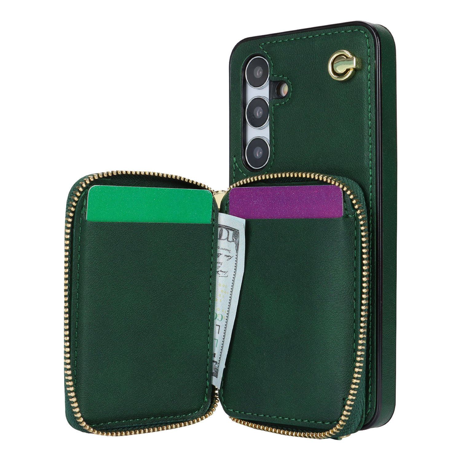 Samsung Galaxy S24  Plus Necklace Leder Schutz Hülle mit Kartenfächer   Handykette (140cm) - Dunkelgrün