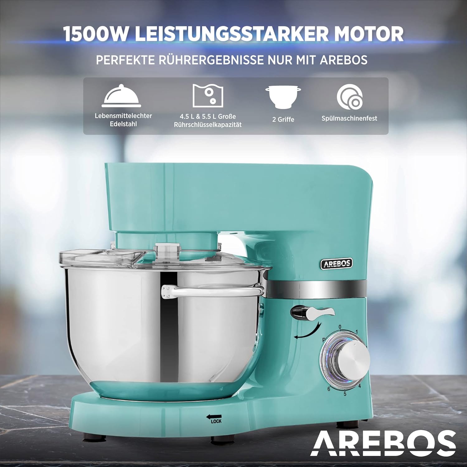 Arebos Küchenmaschine 1500W Türkis | Knetmaschine mit 2x Edelstahl-Rührschüsseln 4,5 & 5,5L | Geräuscharm | Küchenmixer mit Rührhaken, Knethaken, Schlagbesen und Spritzschutz | 6 Geschwindigkeiten