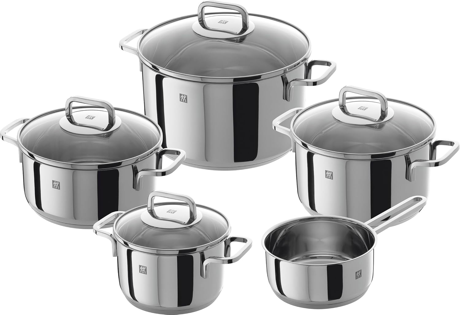 ZWILLING Quadro Kochtopf-Set 5-teilig mit Glasdeckel, Induktionsgeeignet, Unbeschichtet, Edelstahl, Silber
