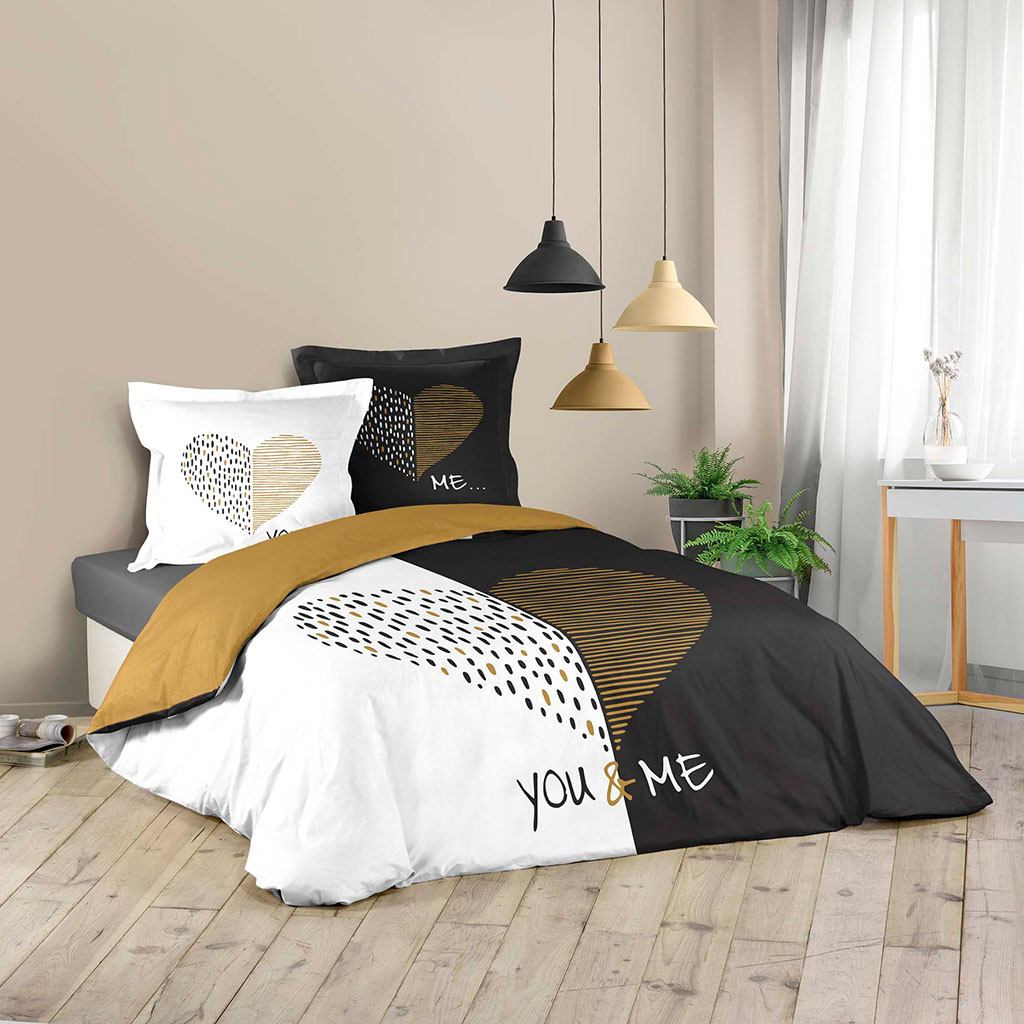 Parure housse de couette coton You & Me noir blanc et or 220x240cm