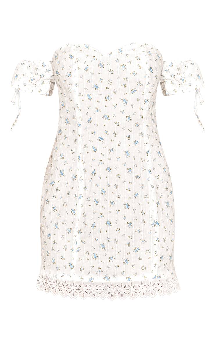 Blanc Robe Droite À Volant Fleurie Avec Encolure Bardot