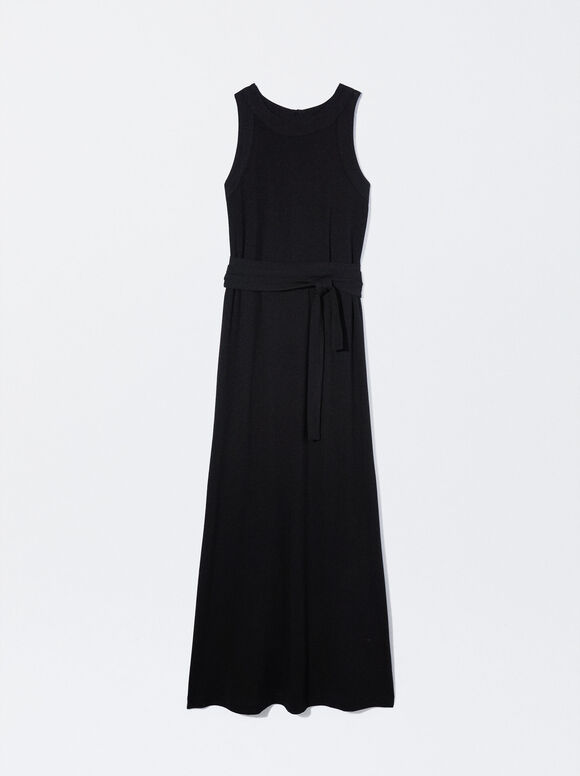 Vestido longo com cinto e laço - Preto