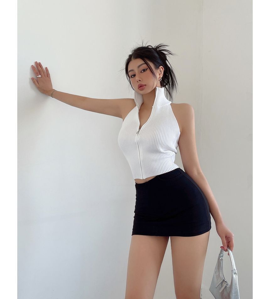 LIVIE - Tanktop met geribbelde col en rits