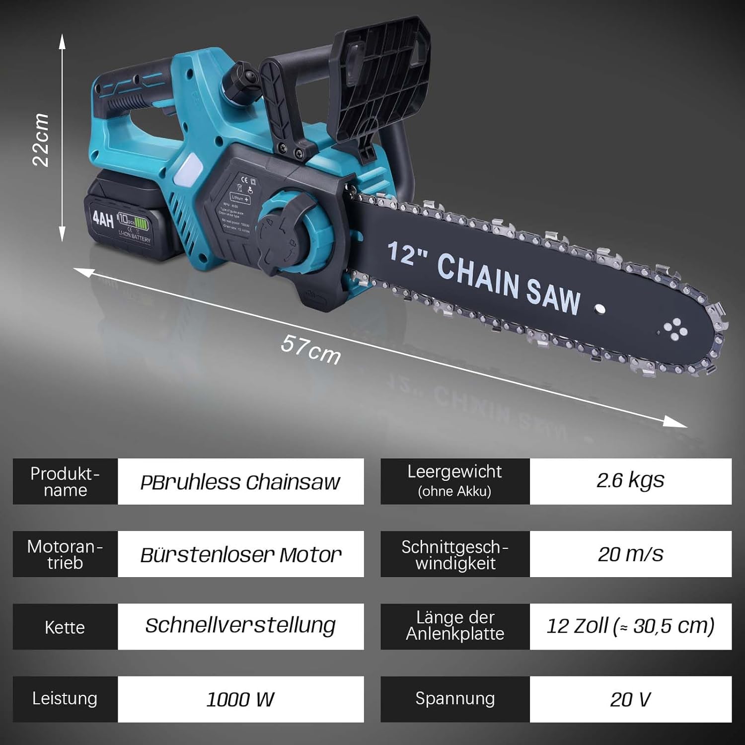 Akku Kettensäge 12 Zoll, 2x4000mAh Elektro Kettensäge | 1000W Bürstenloser Motor | Kompatibel mit Makita 18V Akku | Automatische Kettenschmierung | Werkzeuglose Kettenspannung | 30cm Schwertlänge