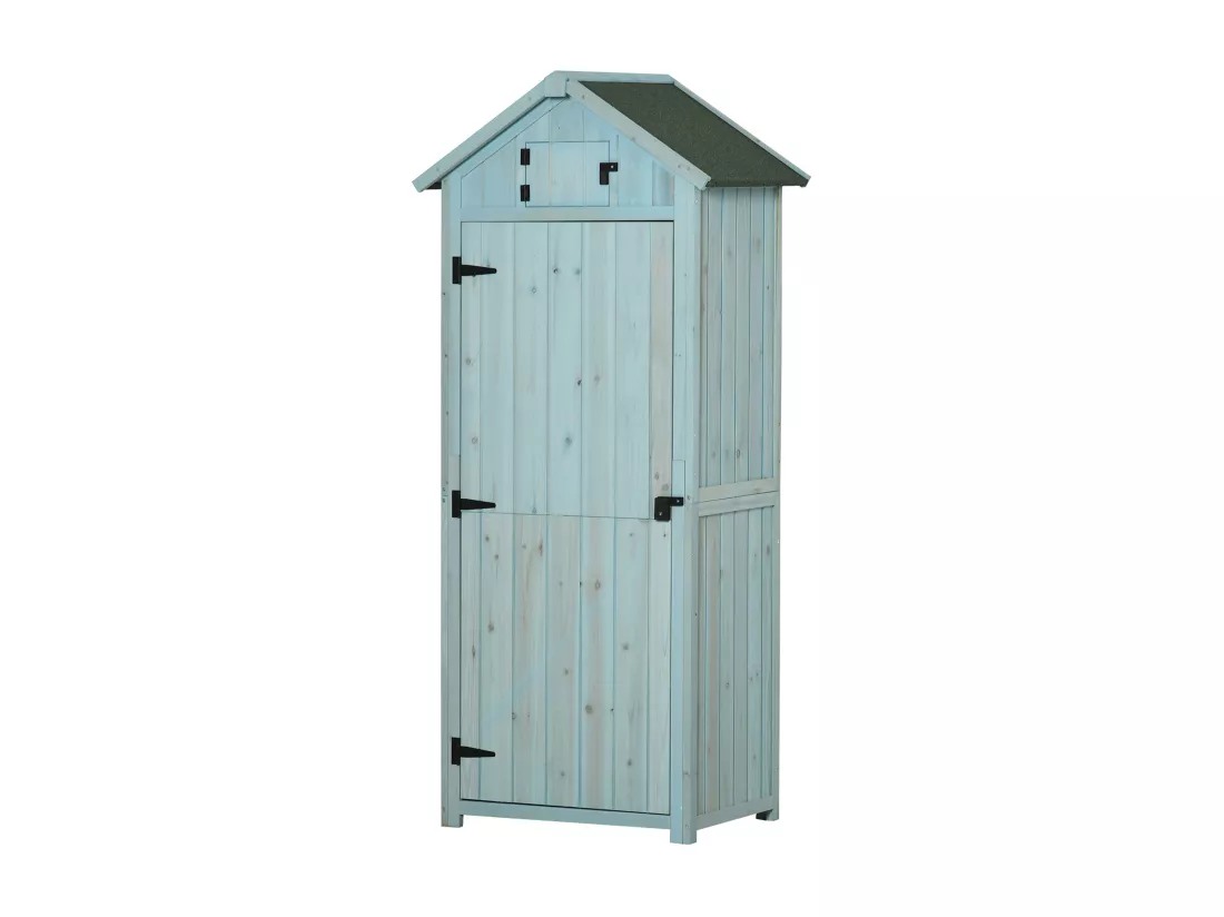 Armoire abri de jardin remise pour outils 3 étagères 2 portes loquets toit pente bitumé 77L x 54l x 179H cm sapin traité bleu
