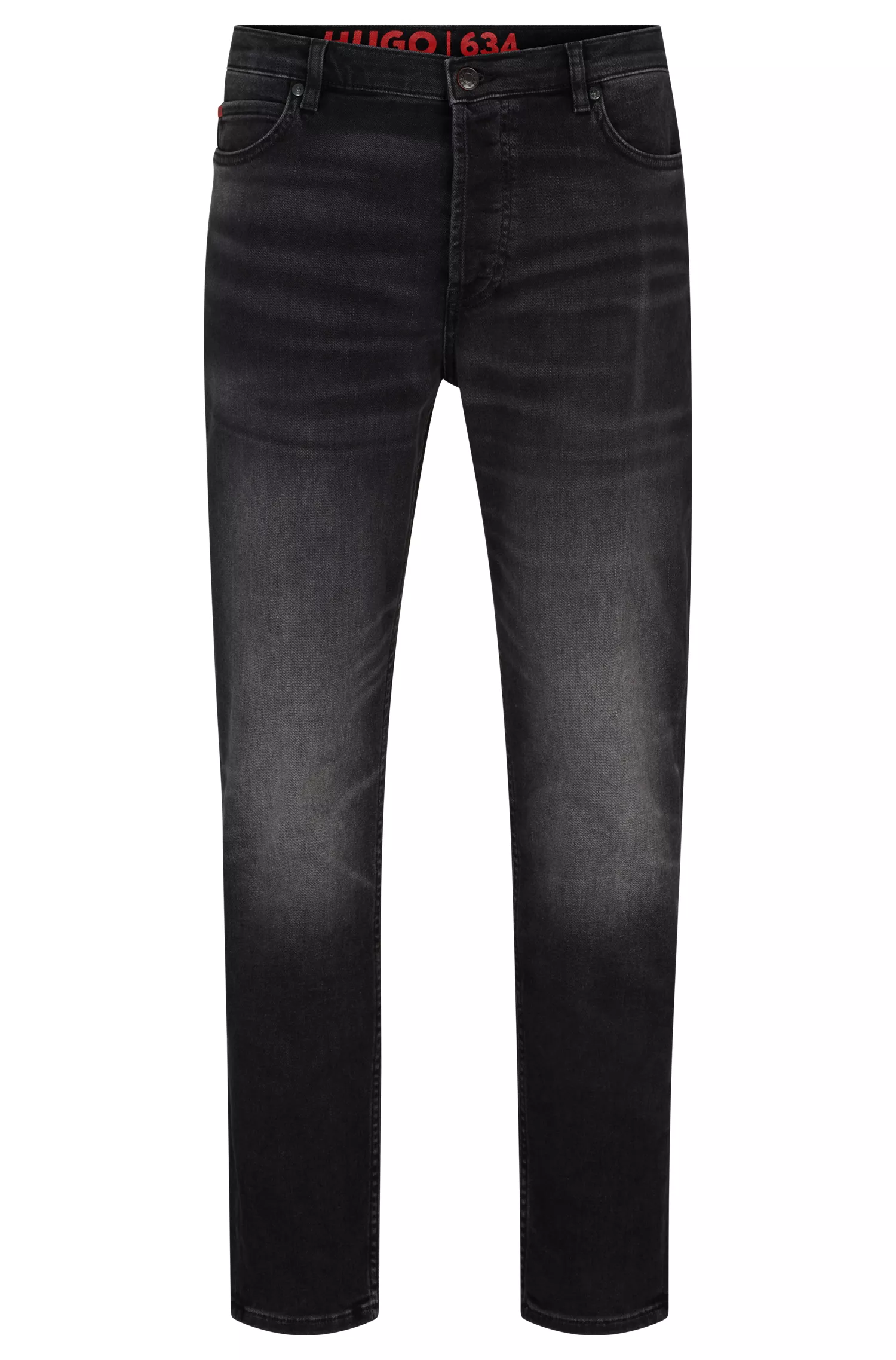 Calça jeans HUGO vermelha, corte afunilado, em denim preto com elasticidade confortável.