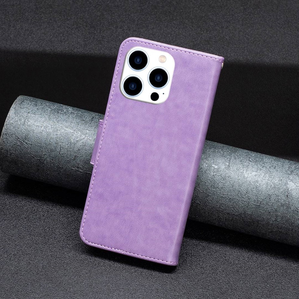 iPhone 14 Pro Leder Tasche mit Kartenfach   Handschlaufe Schmetterling - Lila