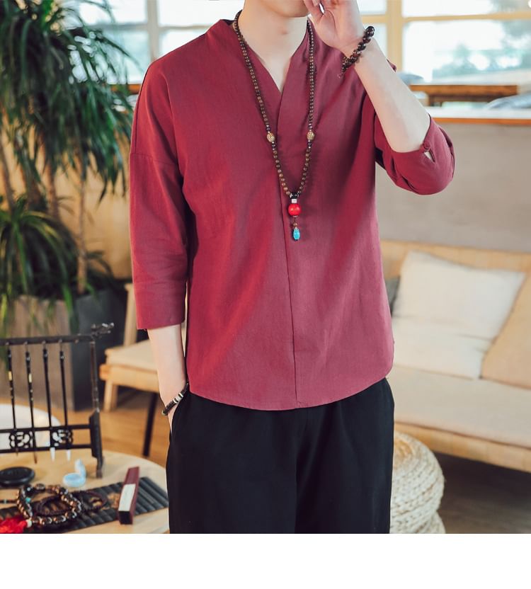 YIKES - Effen shirt met 3/4-mouwen en V-hals