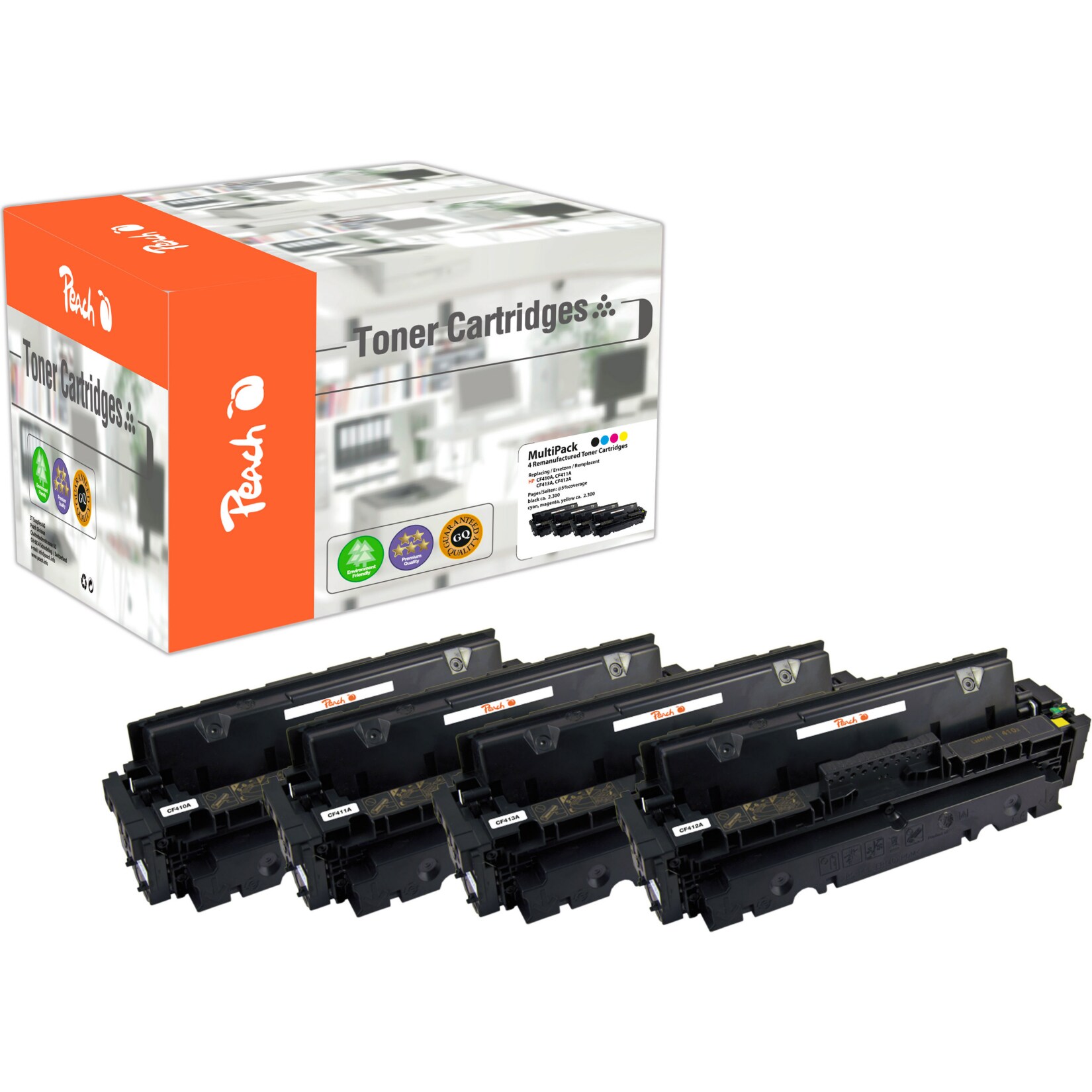 Peach HP 410 A 4 Toner (bk, c/m/y) ersetzt HP No. 410A, CF410A, CF411A, CF412A, CF413A für z.B. HP Color LaserJet Pro M 452 nw (wiederaufbereitet)