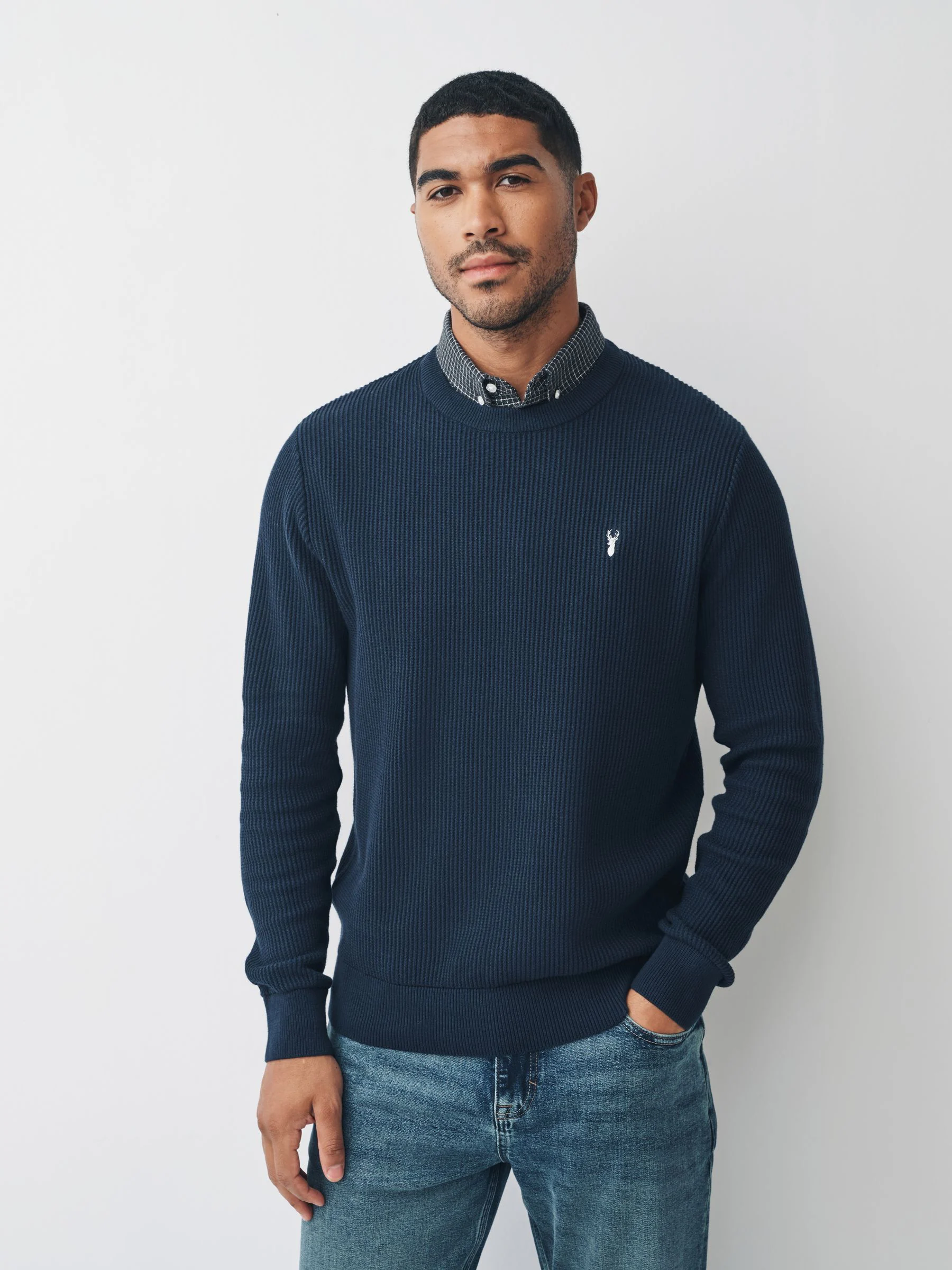 Donkerblauw - Regular fit trui met overhemdkraag