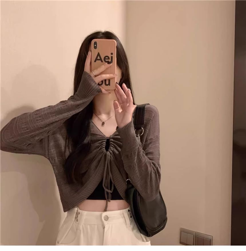 SUGARUS - V-hals effen geplooide crop top met trekkoord / effen camisole