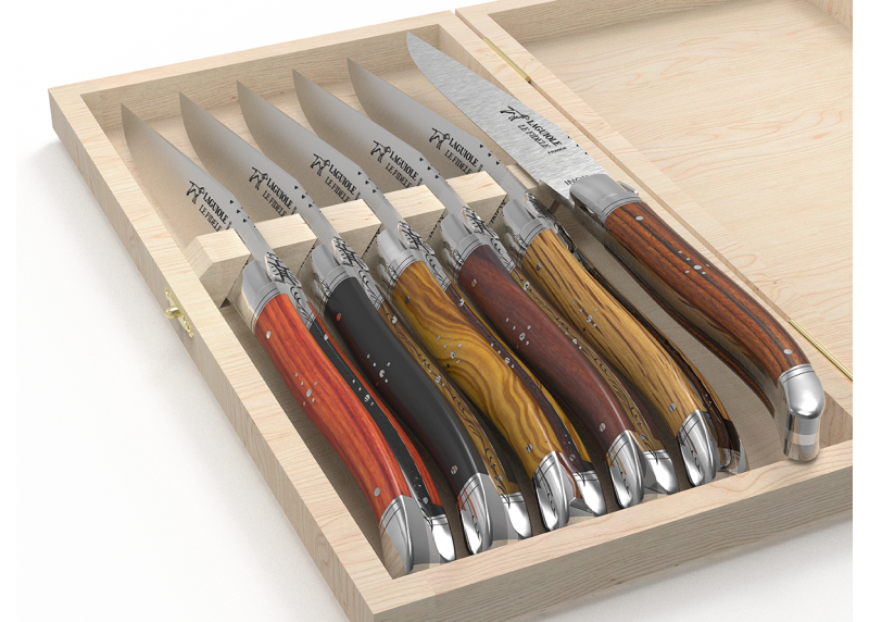 service de 6 Couteaux Laguiole avec un manche en 6 bois différents et mitres inox