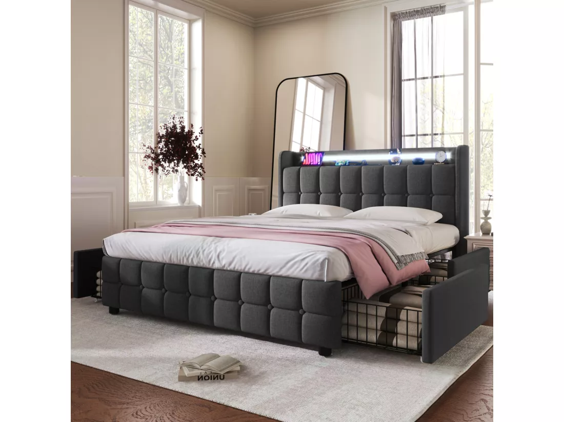 Lit 160x200cm avec tiroirs, Lit double capitonné avec rangement, éclairage LED, 2 chargeurs USB, lit adulte, sommier à lattes, gris
