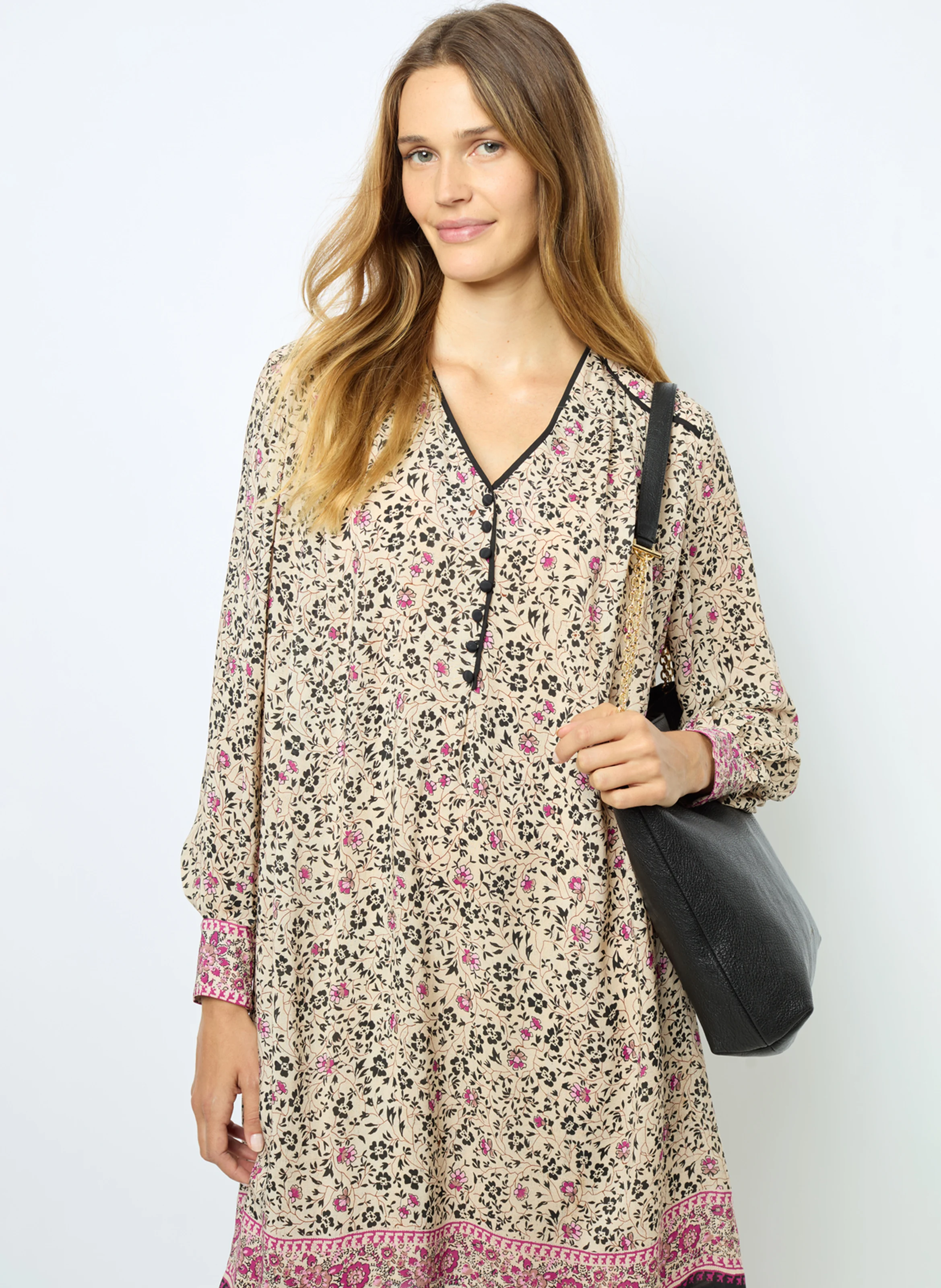 SALINE - Robe droite col V| Beige