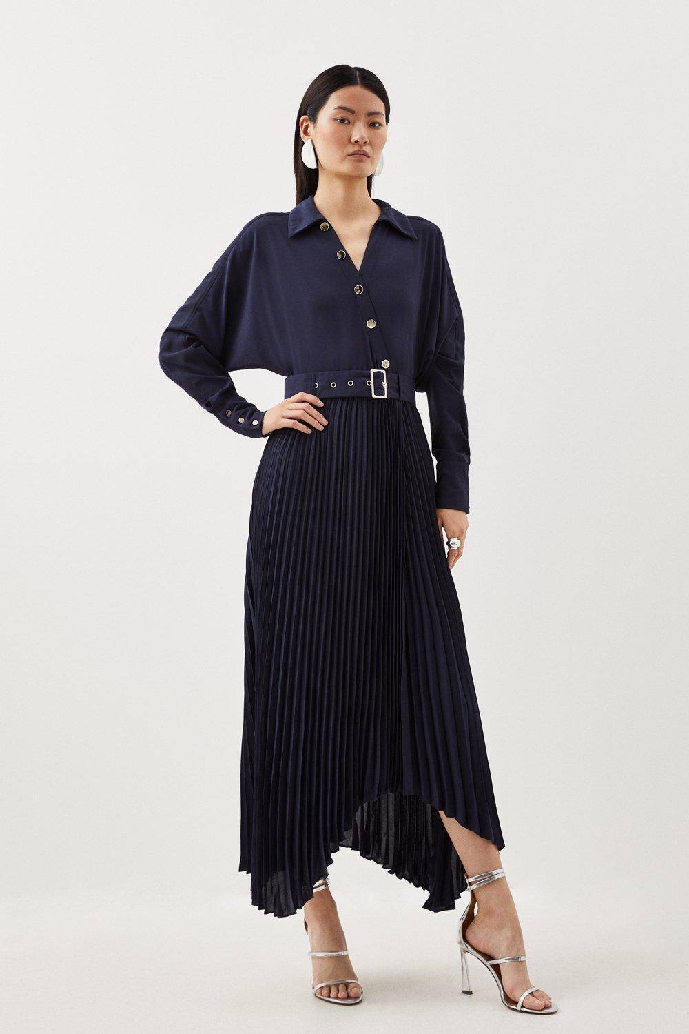 KarenMillen Robe midi plissée à ceinture en mélange de jersey et georgette